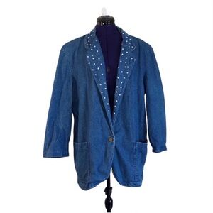 Dreams Blue Jean Denim Rhinestone Pearl Blazer Jacket